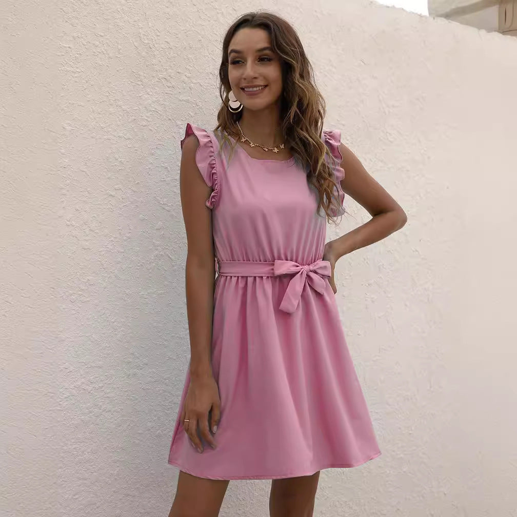 Womens Solid-Color Crew-Neck Lace-Up Waist-Cinched Dress