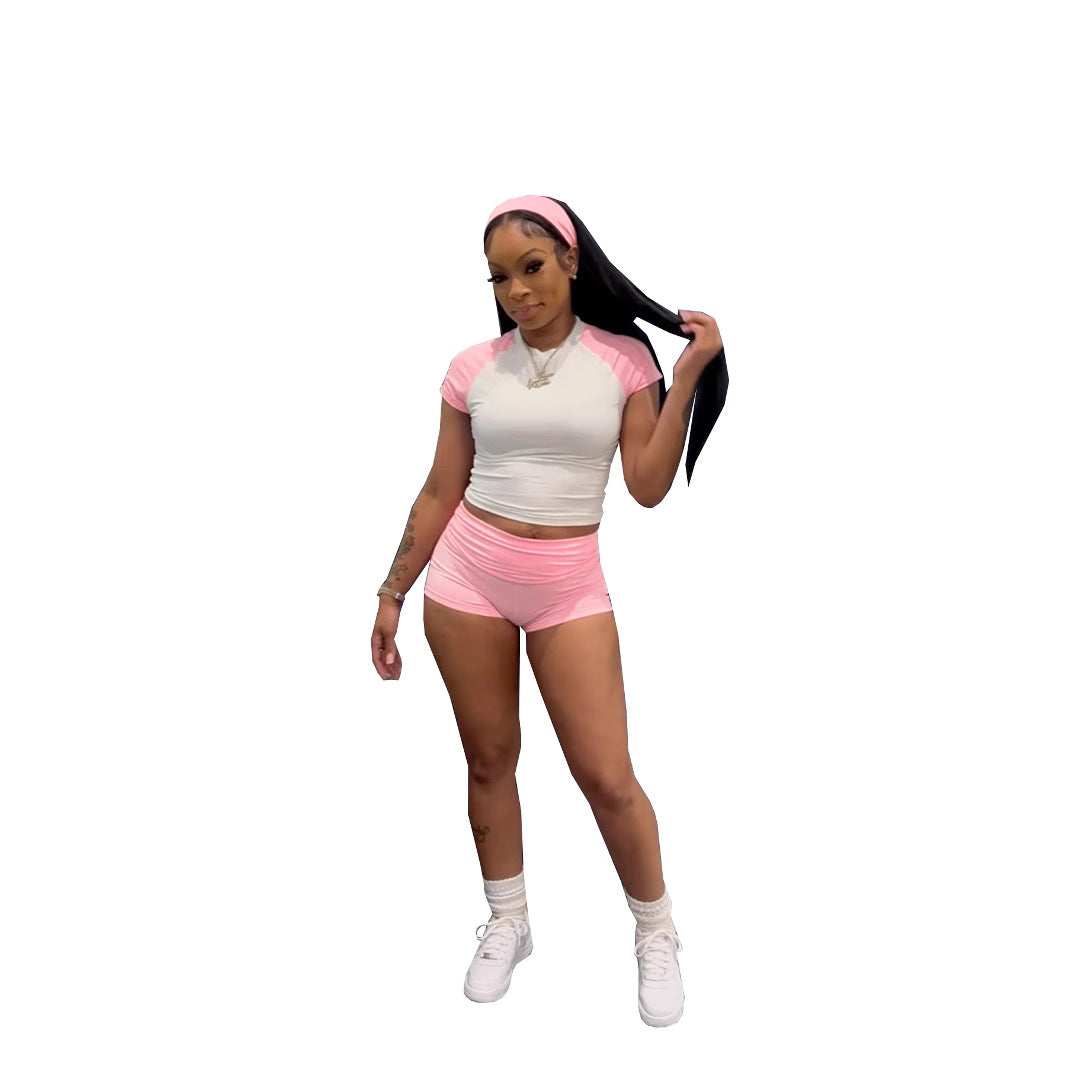 European And American Street Style Bold Girl Raglan Color-Block Short-Sleeve Shorts Casual Sportswear Set With Headband