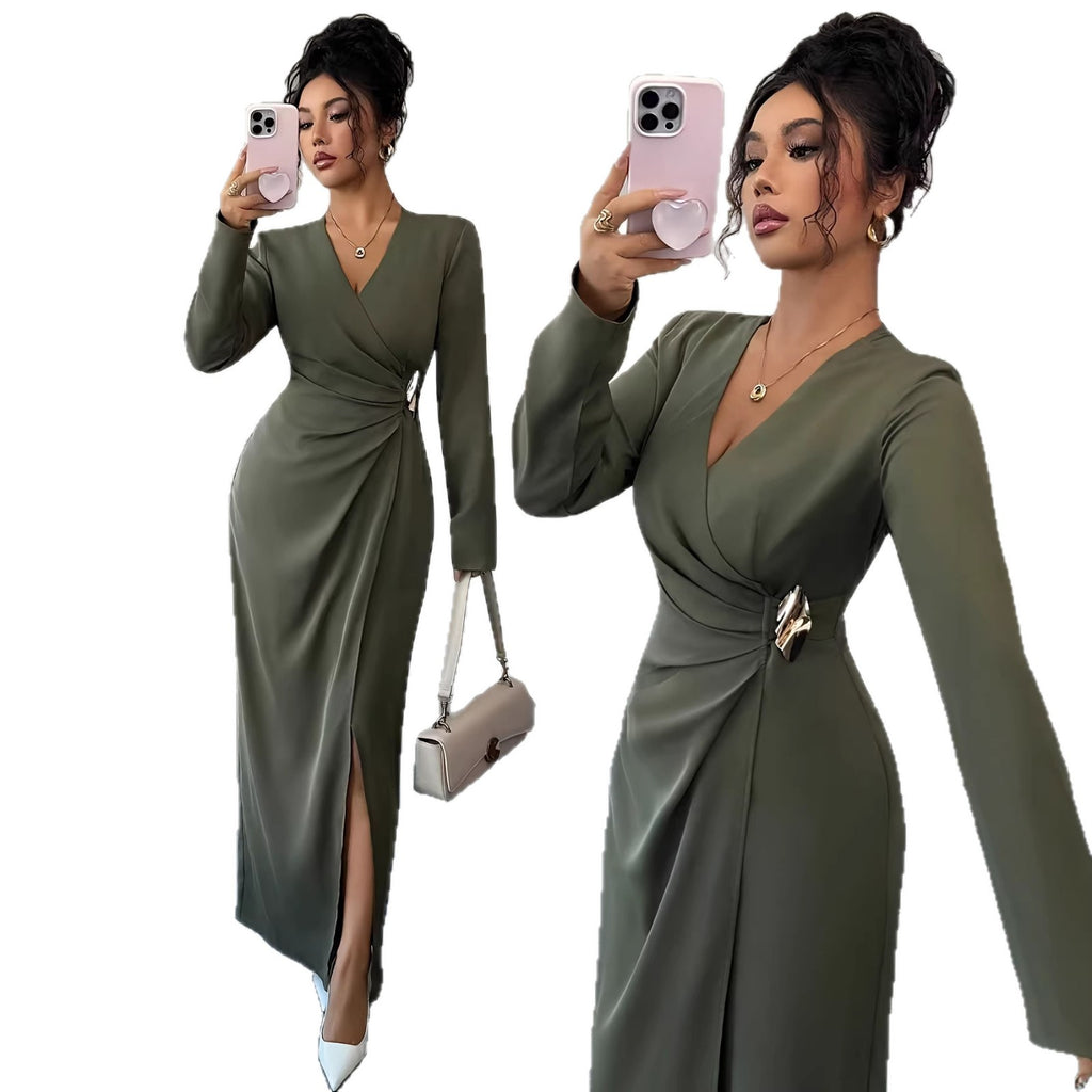 AutumnWinter Solid Color Elegant V Neck Pleated Long Sleeve Dress