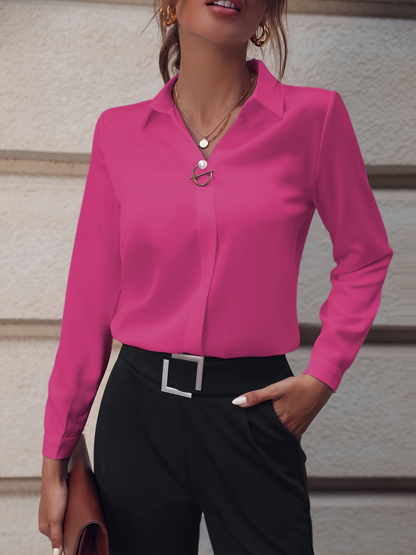 Commuter V-neck Long-sleeved Shirts Ins Fashion Solid Color Pullover Top Autumn And Spring Women's Clothing