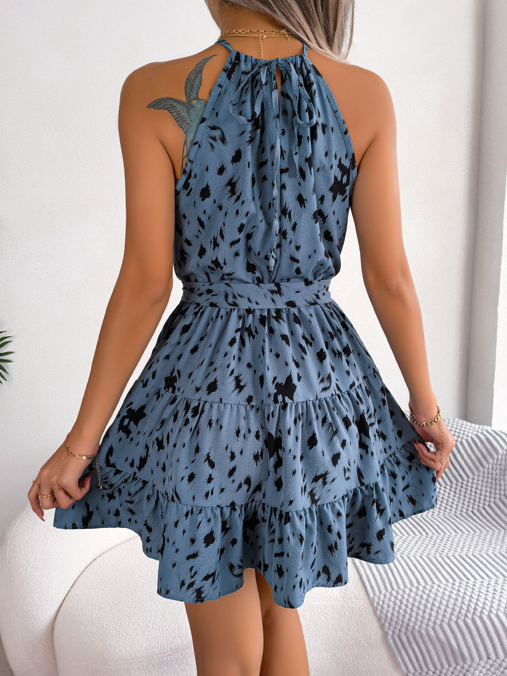 Women Leopard Print Swing Dress, stylish summer dress with halter neckline, perfect for beach outings and casual events.