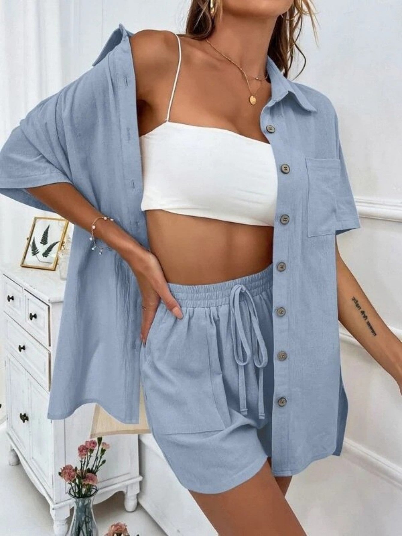 Cross-border Foreign Trade Women's Amazon AliExpress Hot-selling Distressed Cardigan Shorts Fashionable Elegant Casual Women's Set