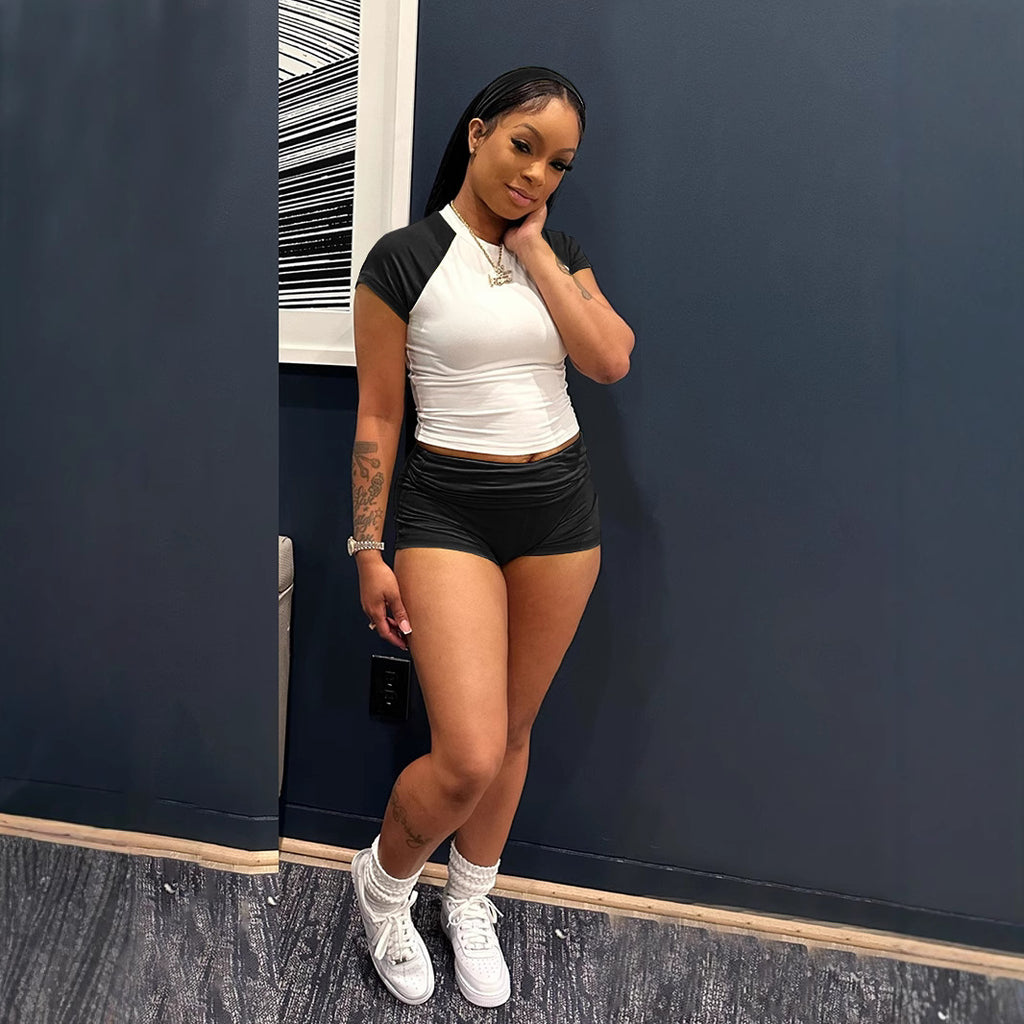 European And American Street Style Bold Girl Raglan Color-Block Short-Sleeve Shorts Casual Sportswear Set With Headband