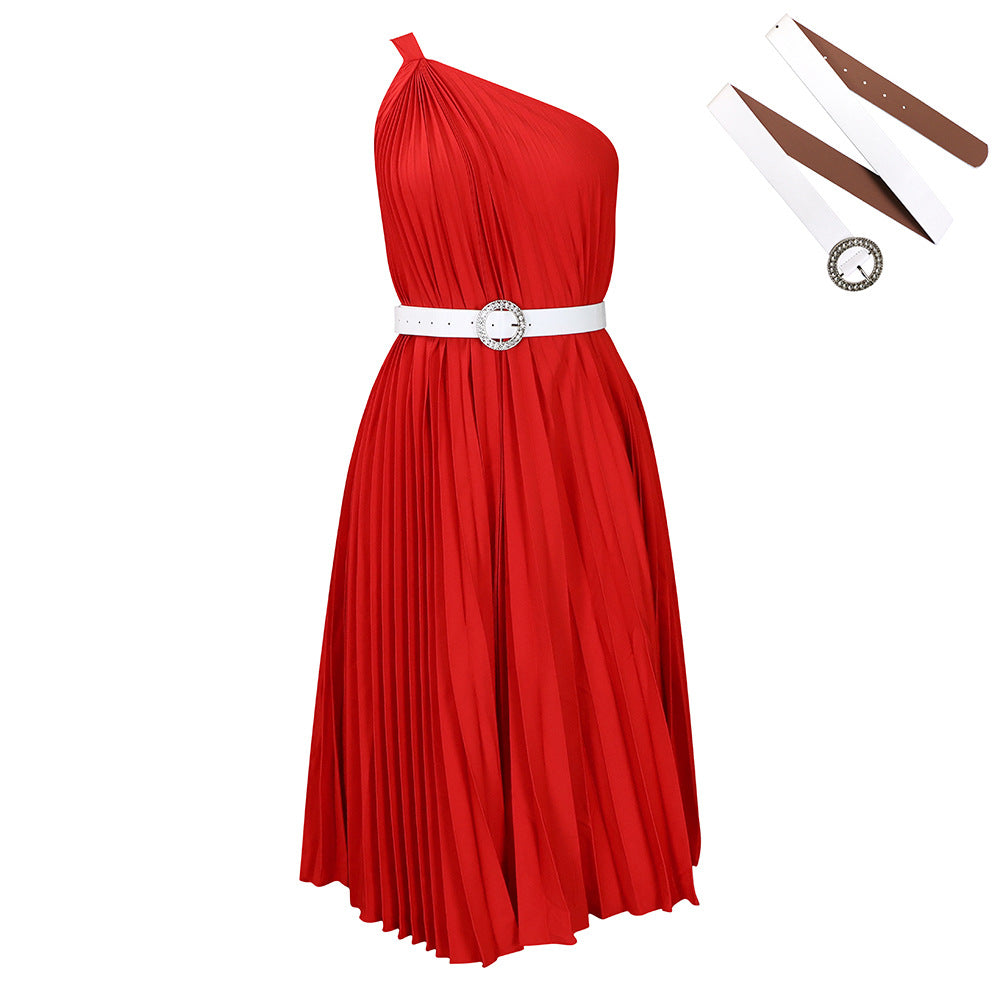 Womens Solid-Colored Pleated Maxi-Skirt Casual Dress