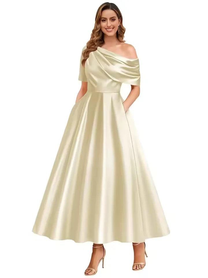 New Elegant And Sophisticated Satin Off-Shoulder Solid Color Dress
