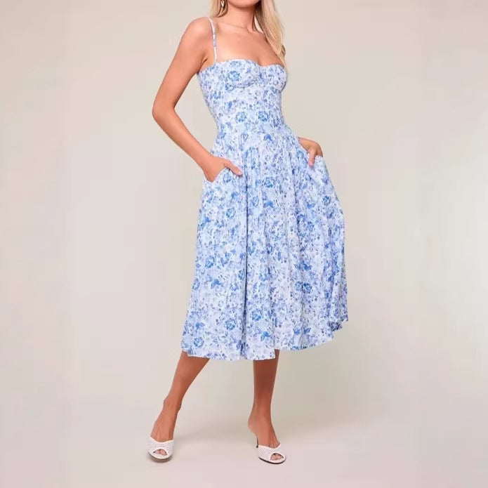 Elegant Light Blue Floral Waist-Cinching Dress