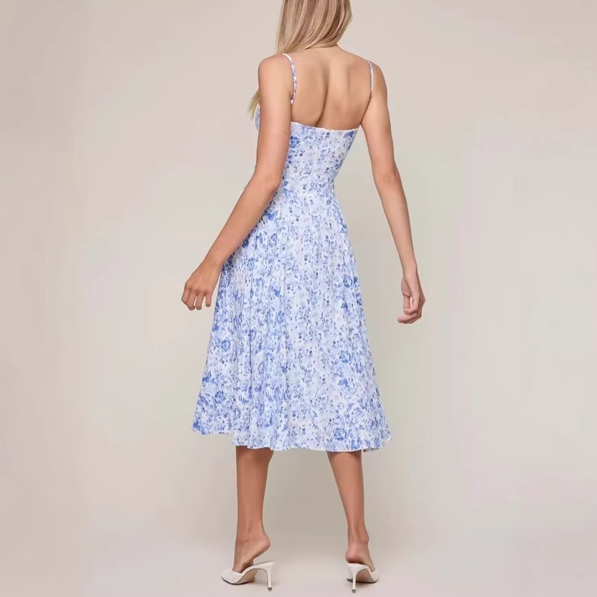 Elegant Light Blue Floral Waist-Cinching Dress