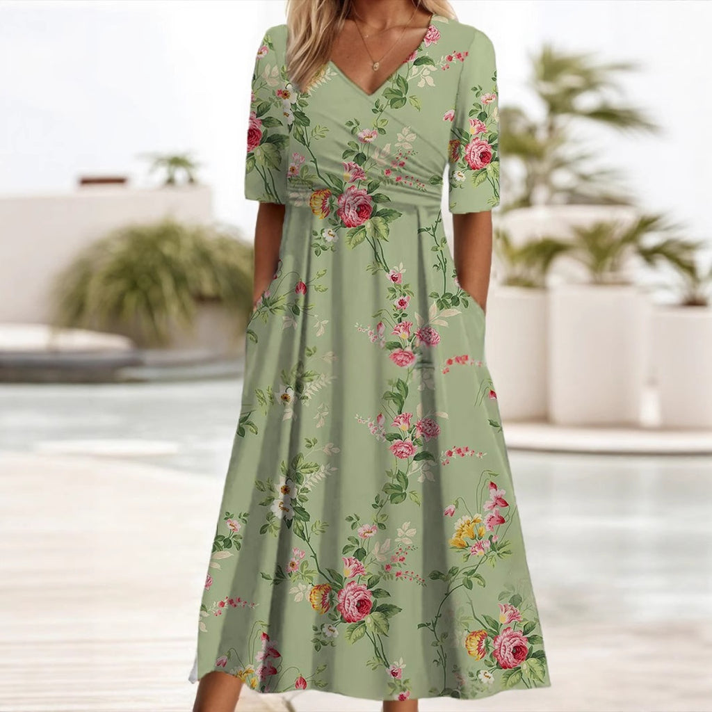 V-neck Short-sleeve Belted Maxi Dress With Pockets