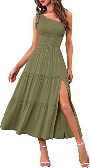 Women One Shoulder Split Dress in olive green with side slit and asymmetrical hem, perfect for summer style.