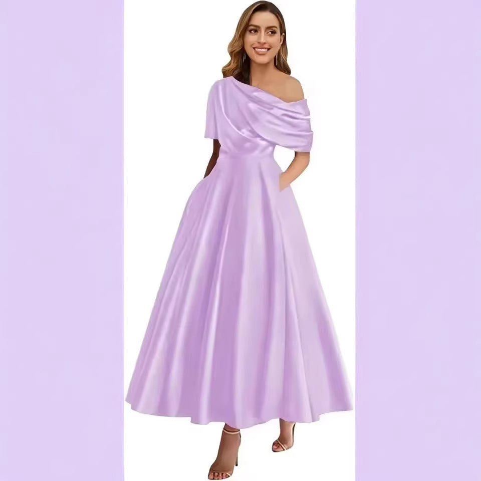 New Elegant And Sophisticated Satin Off-Shoulder Solid Color Dress