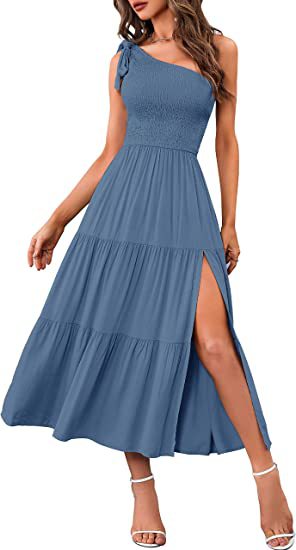 Women One Shoulder Split Dress in blue with side slit and asymmetrical hem, perfect for summer fashion.
