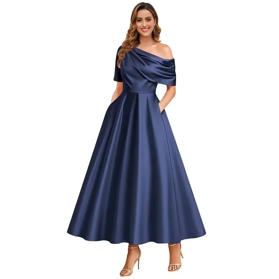 New Elegant And Sophisticated Satin Off-Shoulder Solid Color Dress
