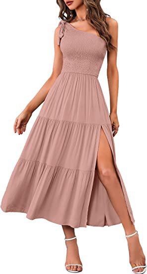Women one shoulder split dress with side slit and tiered design in a soft pink color, perfect for summer occasions.