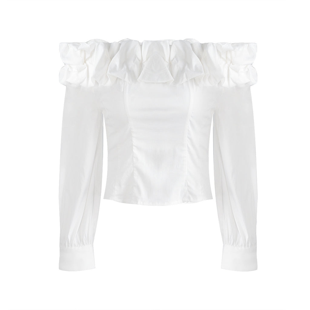 White Bud-collared Off-shoulder Blouse Top