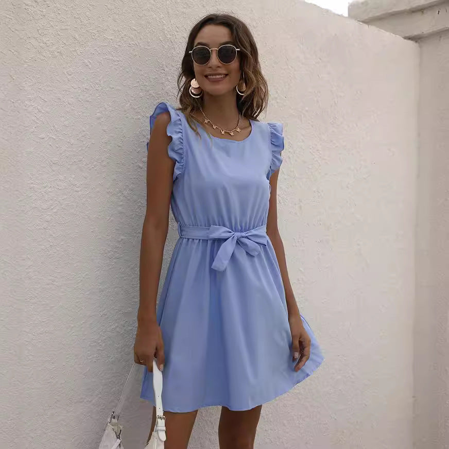 Womens Solid-Color Crew-Neck Lace-Up Waist-Cinched Dress