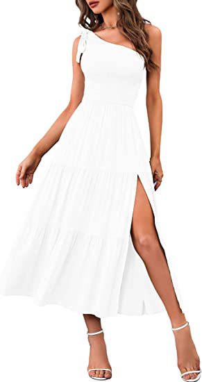 Women One Shoulder Split Dress in white with a side slit, showcasing elegant summer fashion.