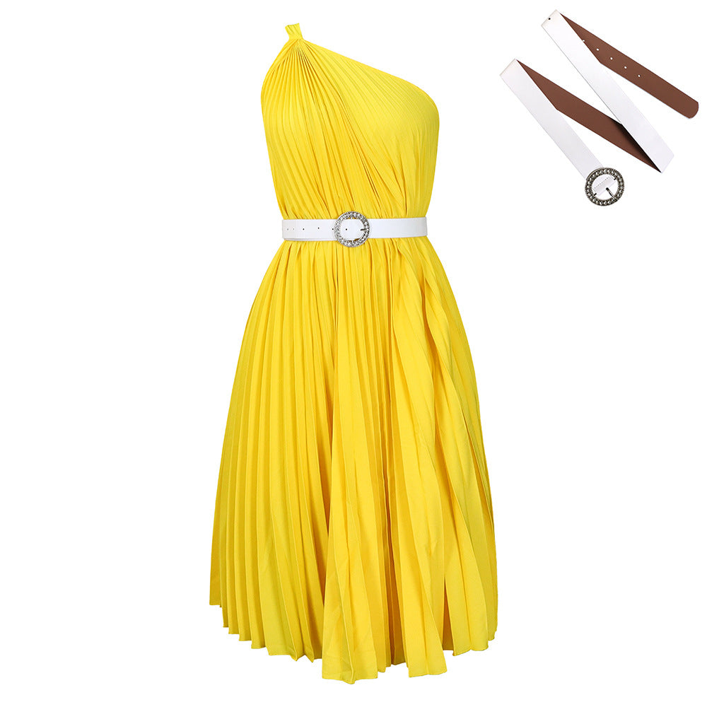 Womens Solid-Colored Pleated Maxi-Skirt Casual Dress