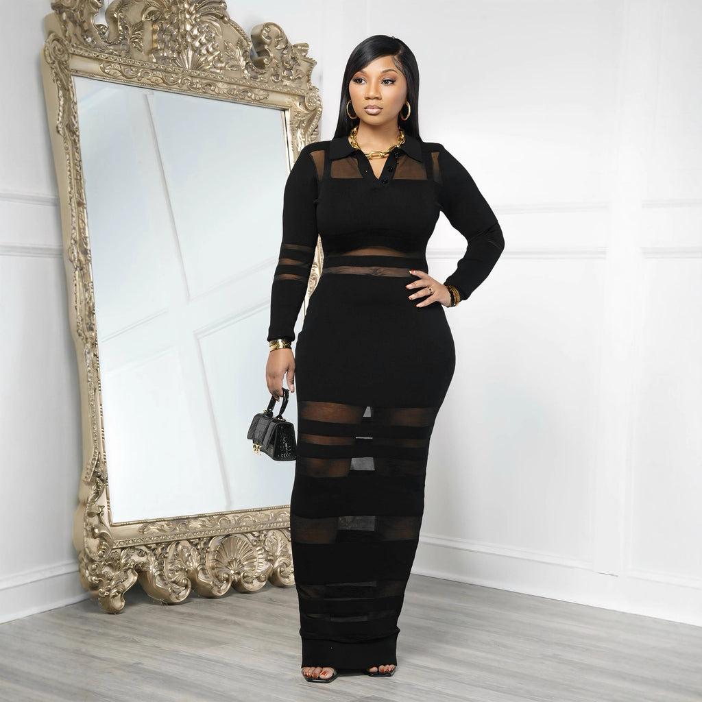 Mesh-Panel Autumn Winter Slim-Fit Sheath Dress With Defined Waist For A Slimmer Look