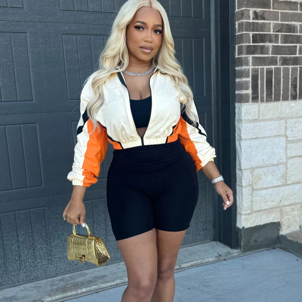 European And American Style Fashionable Womens Patchwork Contrasting Color Zippered Shorts Sports Two-Piece Set