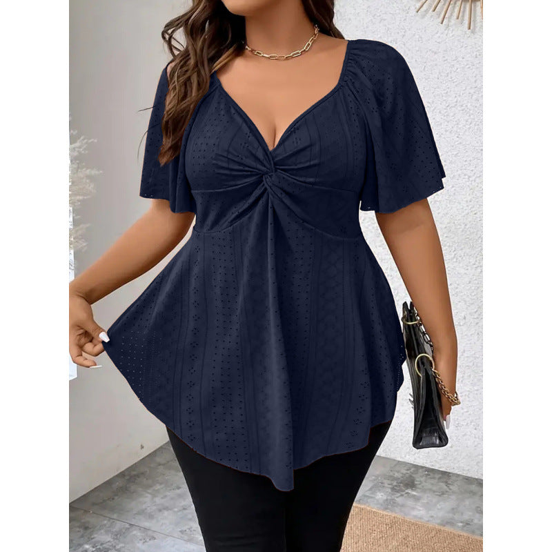 V-neck Drawstring-waist Sexy Short-sleeve Solid-color T-shirt