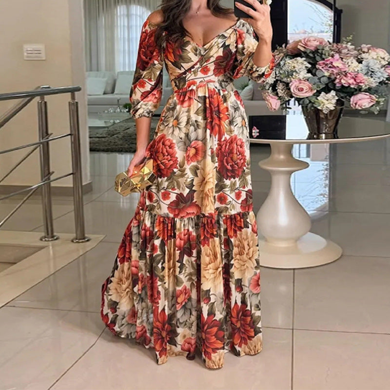 Fashion Elegant V-Neck Printed Tie-Waist Maxi Dress