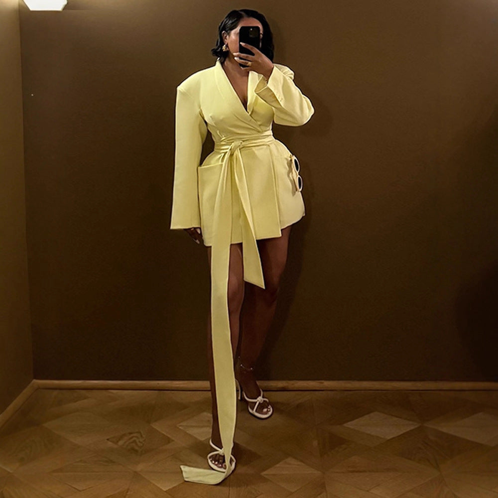 Solid-color Wide-shoulder Lace-up Waist-defined Long-sleeve Blazer