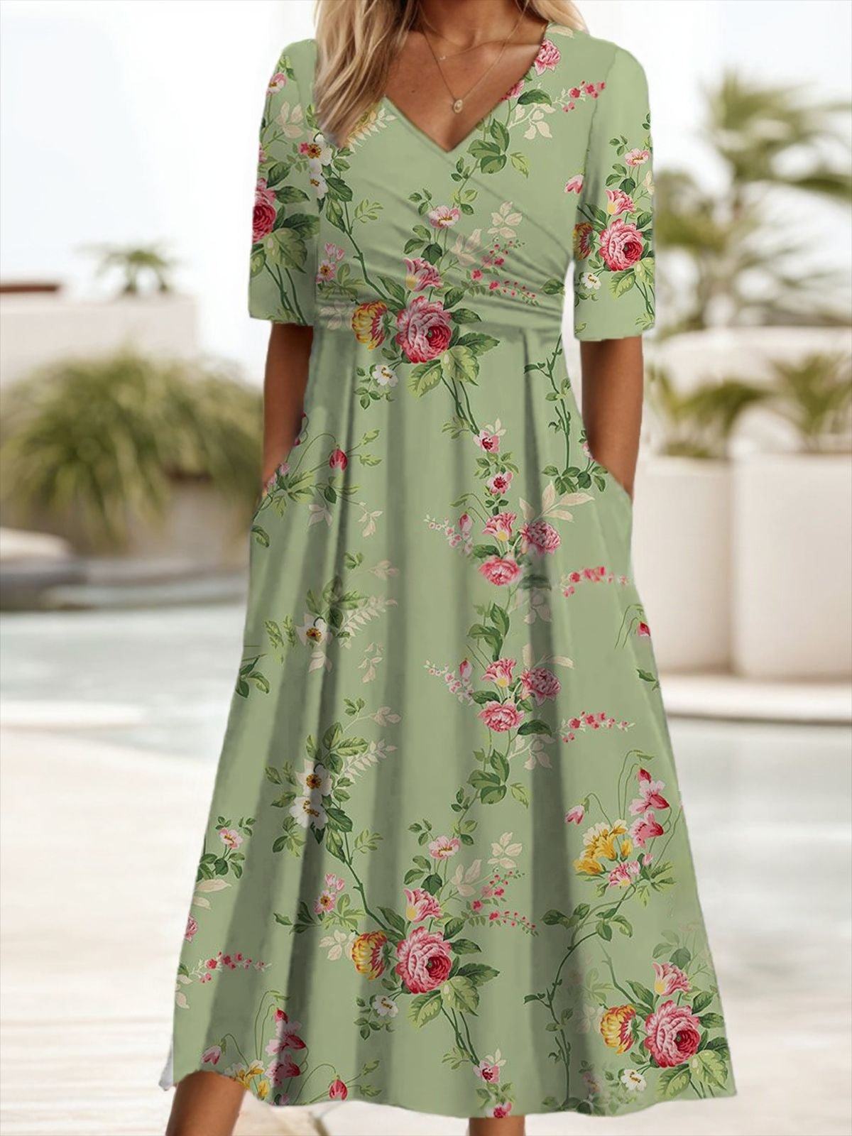 V-neck Short-sleeve Belted Maxi Dress With Pockets