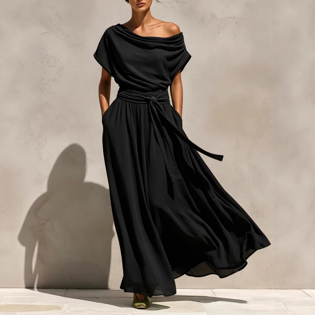 Short-sleeve Pleated Chiffon Waist-cinching Dress