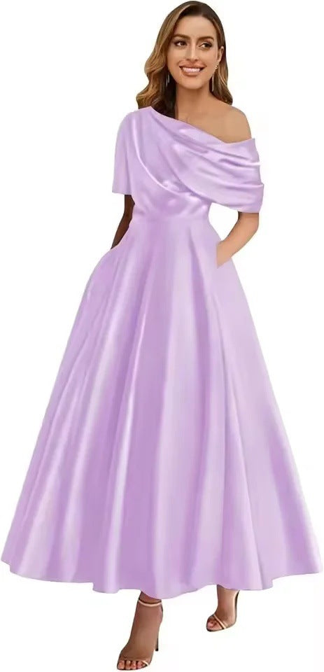New Elegant And Sophisticated Satin Off-Shoulder Solid Color Dress