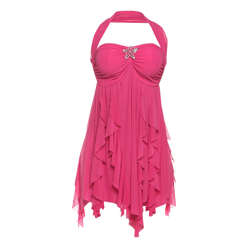 Ins Halter Neck Backless Dress Summer Sexy Printed Irregular Mesh Short Dresses For Evening Party Club Women's Clothing