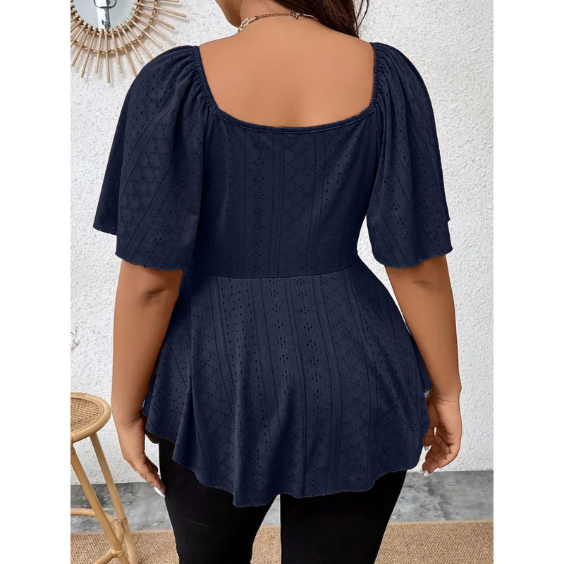V-neck Drawstring-waist Sexy Short-sleeve Solid-color T-shirt