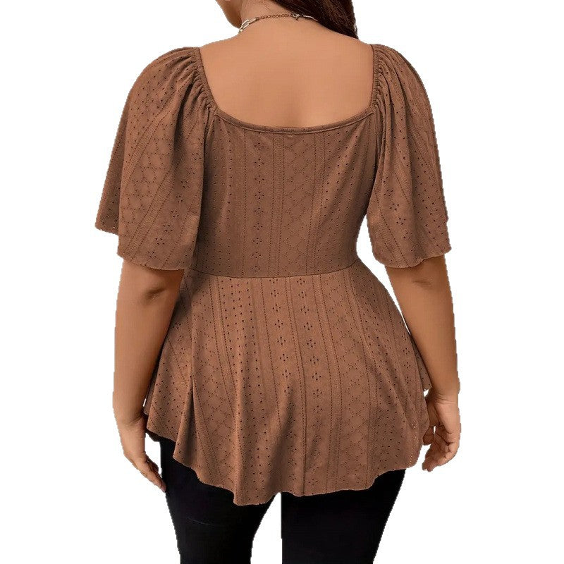 V-neck Drawstring-waist Sexy Short-sleeve Solid-color T-shirt