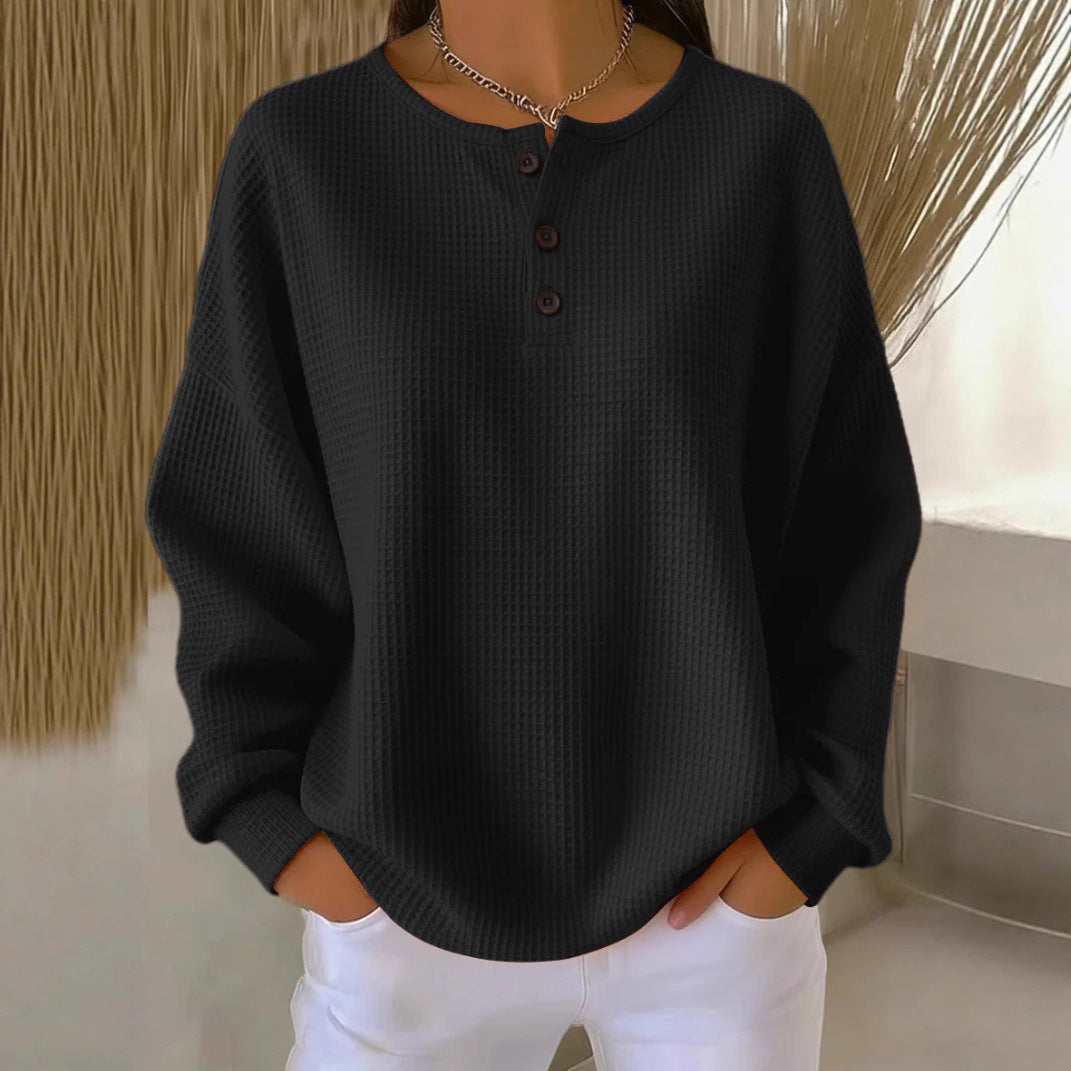Ins Waffle Long-sleeved T-shirt Fashion Solid Color Buttons Round Neck Pullover Top Women's Clothing
