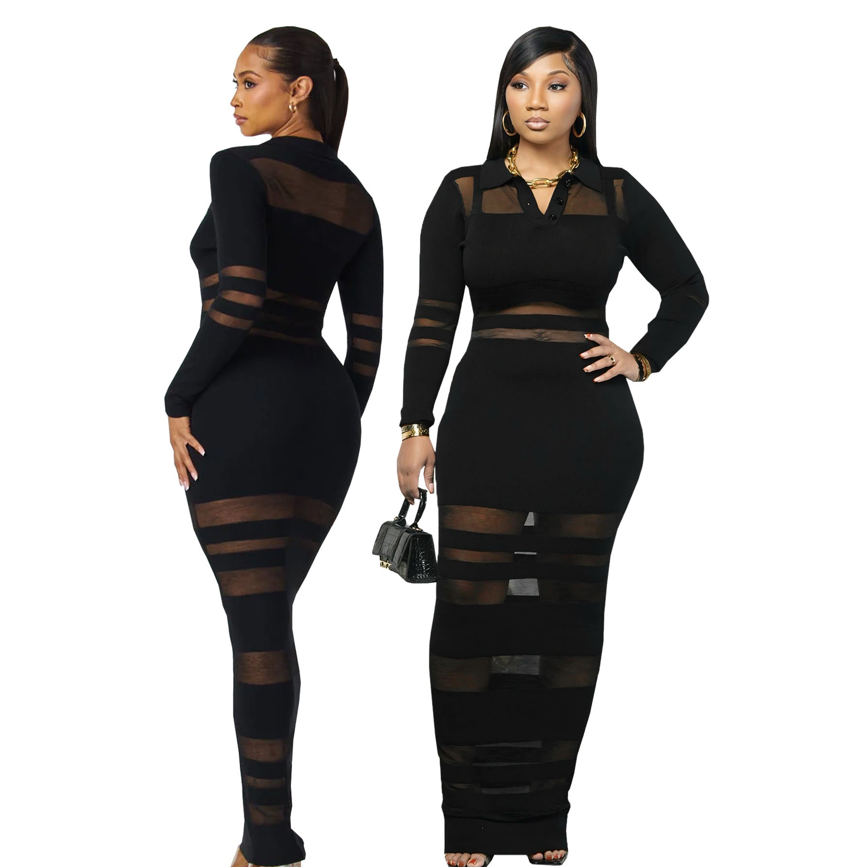 Mesh-Panel Autumn Winter Slim-Fit Sheath Dress With Defined Waist For A Slimmer Look