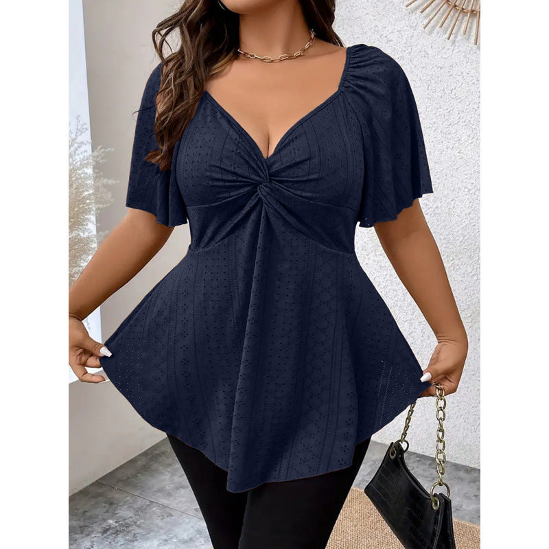 V-neck Drawstring-waist Sexy Short-sleeve Solid-color T-shirt