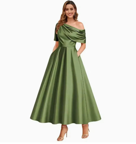 New Elegant And Sophisticated Satin Off-Shoulder Solid Color Dress