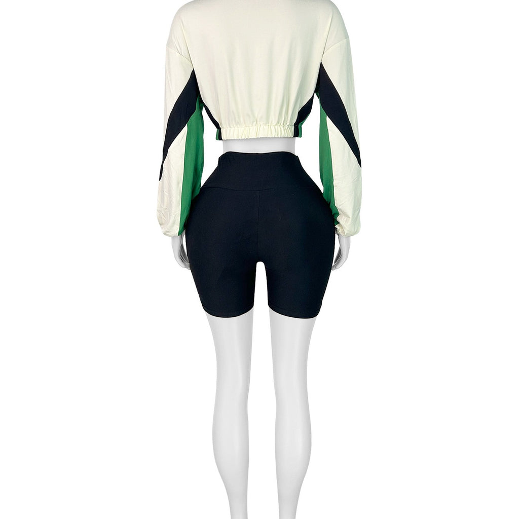 European And American Style Fashionable Womens Patchwork Contrasting Color Zippered Shorts Sports Two-Piece Set
