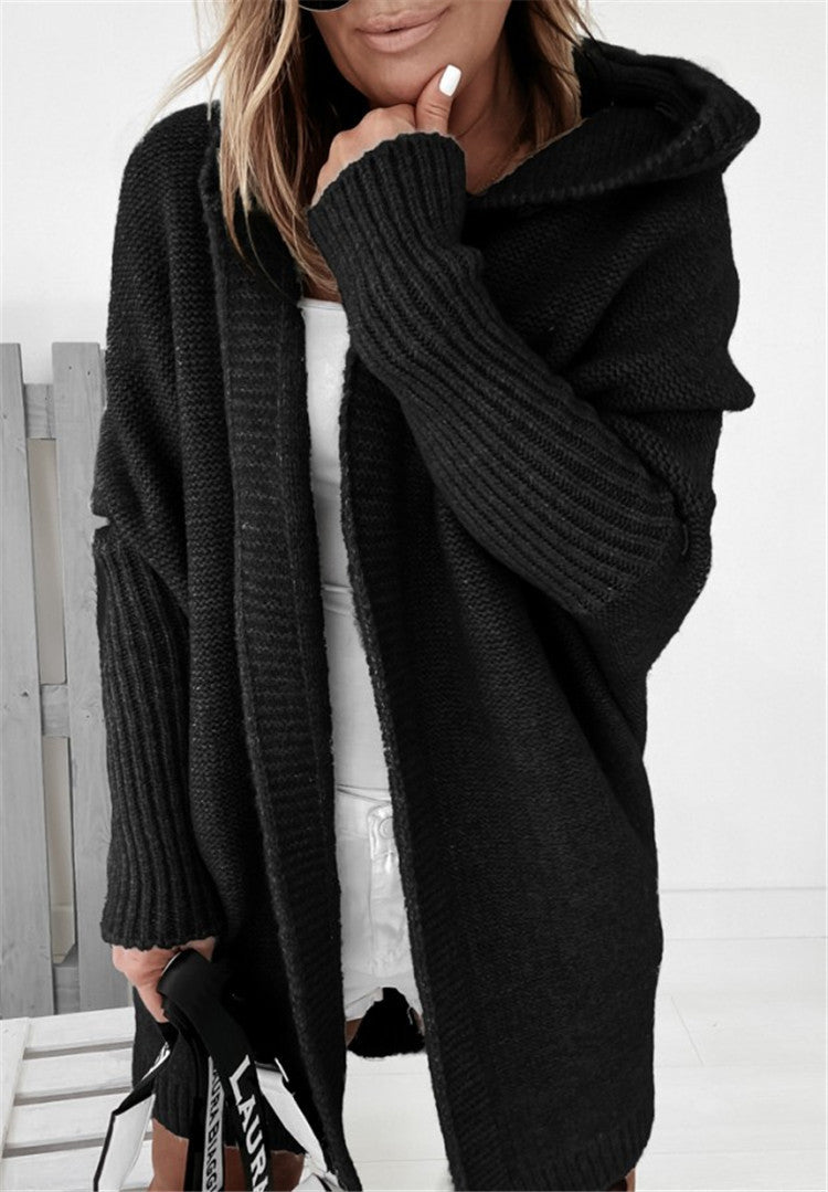 Ins Knitted Hooded Cardigan Fashion Loose Solid Color Batwing Sleeve Sweater Autumn And Winter Women's Clothing