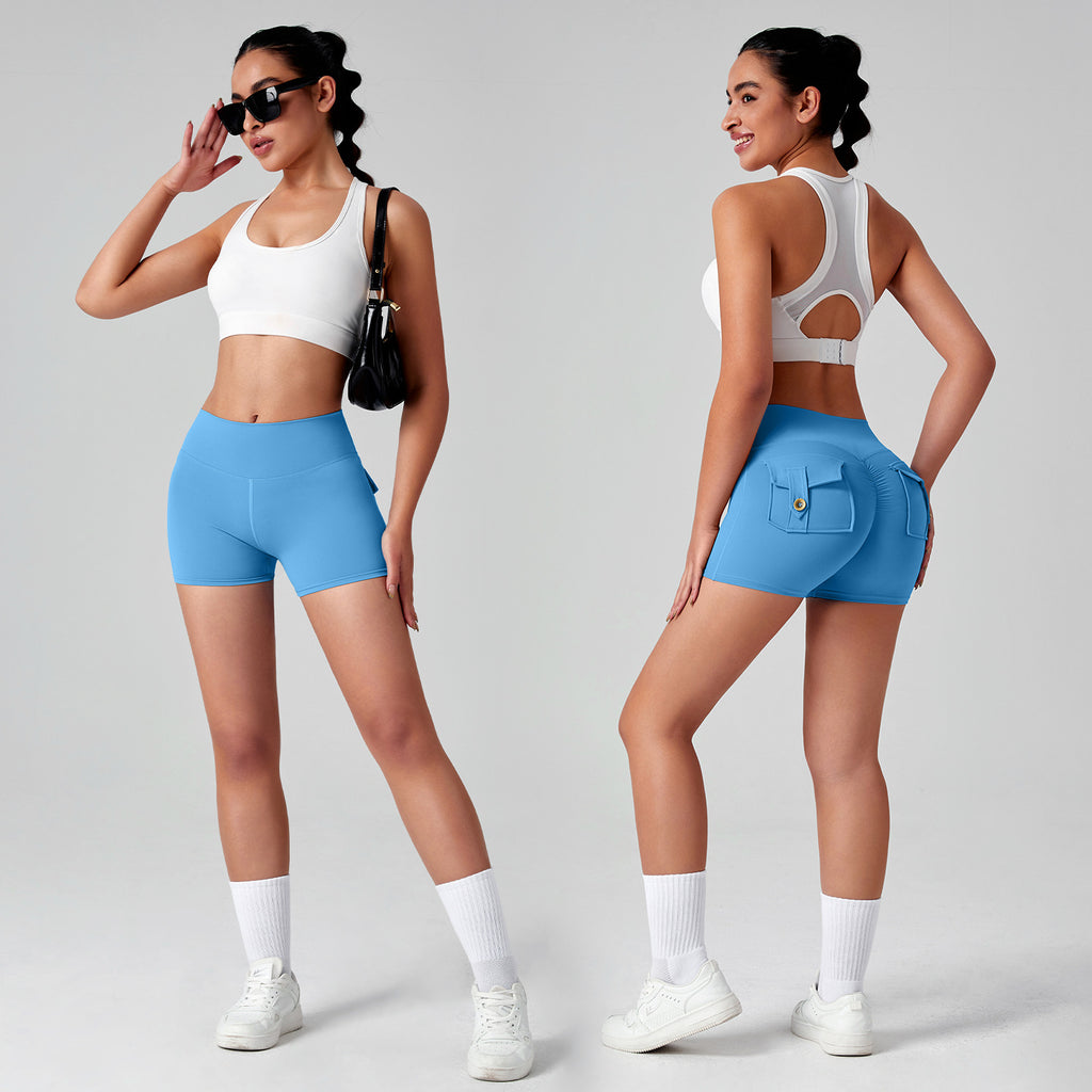 Women quick dry running leggings in light blue, paired with a white crop top and stylish sunglasses.