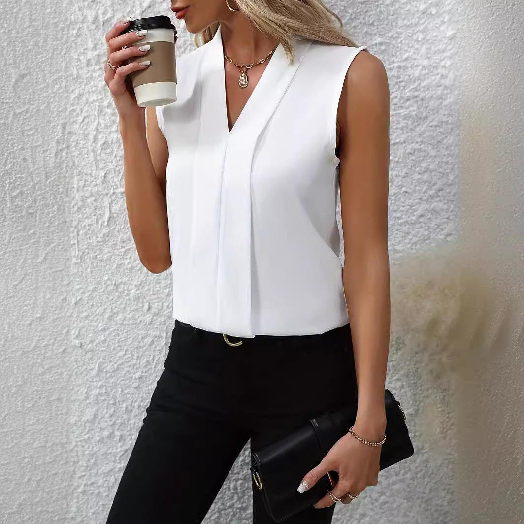 Summer V-Neck Shirt Solid Color Casual Office Daily Sleeveless Shirt Lightweight Women's Top Clothing