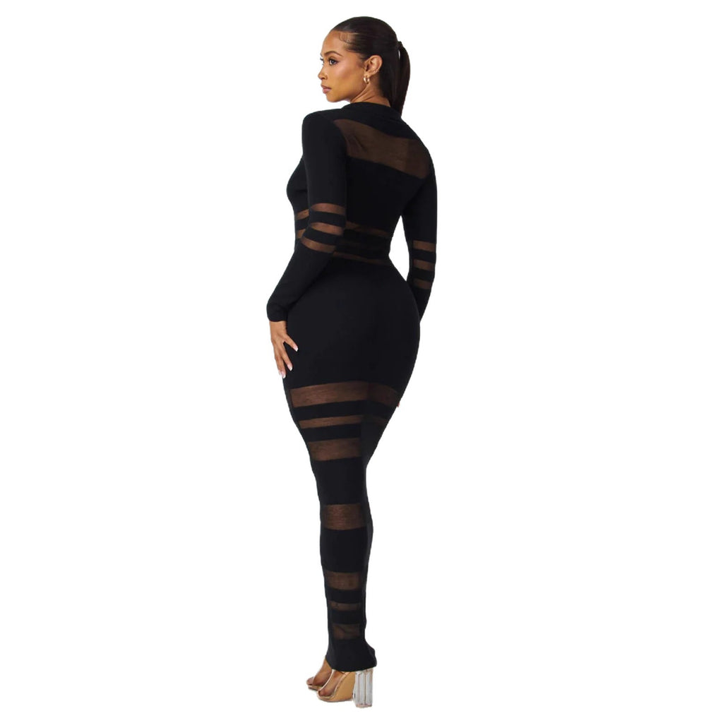 Mesh-Panel Autumn Winter Slim-Fit Sheath Dress With Defined Waist For A Slimmer Look