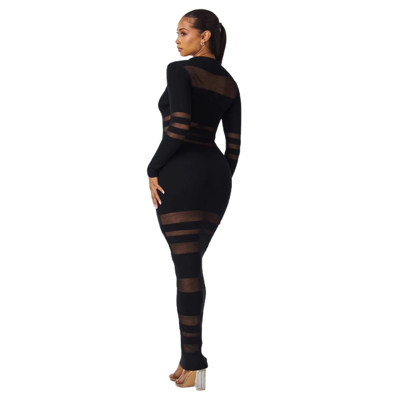 Mesh-Panel Autumn Winter Slim-Fit Sheath Dress With Defined Waist For A Slimmer Look