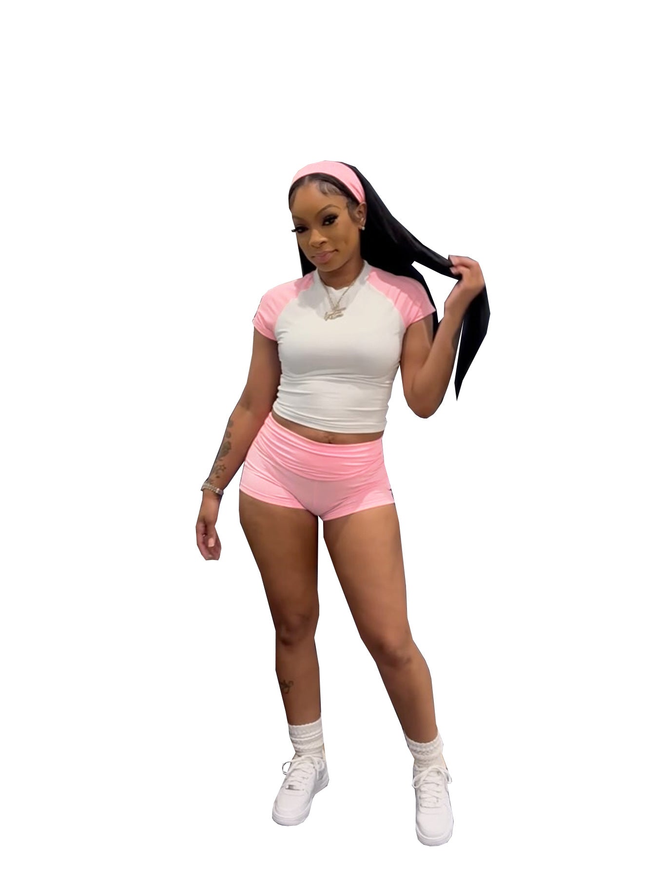 European And American Street Style Bold Girl Raglan Color-Block Short-Sleeve Shorts Casual Sportswear Set With Headband