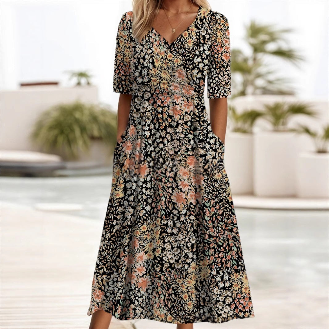 V-neck Short-sleeve Belted Maxi Dress With Pockets