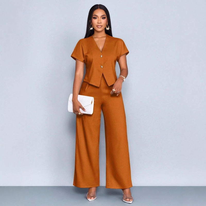 Short-sleeve V-neck Irregular Cardigan And Straight-leg Wide-leg Pants Set