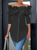 Simple Solid-Color Off-the-Shoulder Ruffle-Trim Shirt Top