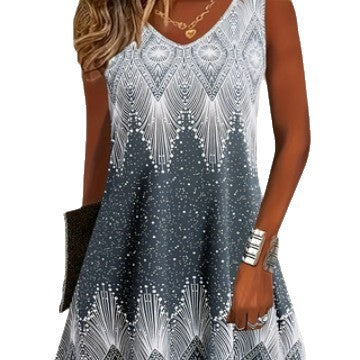 Cross-border European And American Amazon New Summer Womens Loose V-Neck Sleeveless Tank Top Printed Dress