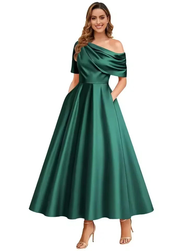 New Elegant And Sophisticated Satin Off-Shoulder Solid Color Dress