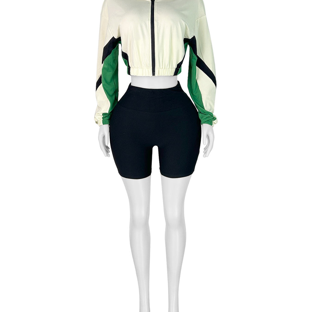 European And American Style Fashionable Womens Patchwork Contrasting Color Zippered Shorts Sports Two-Piece Set