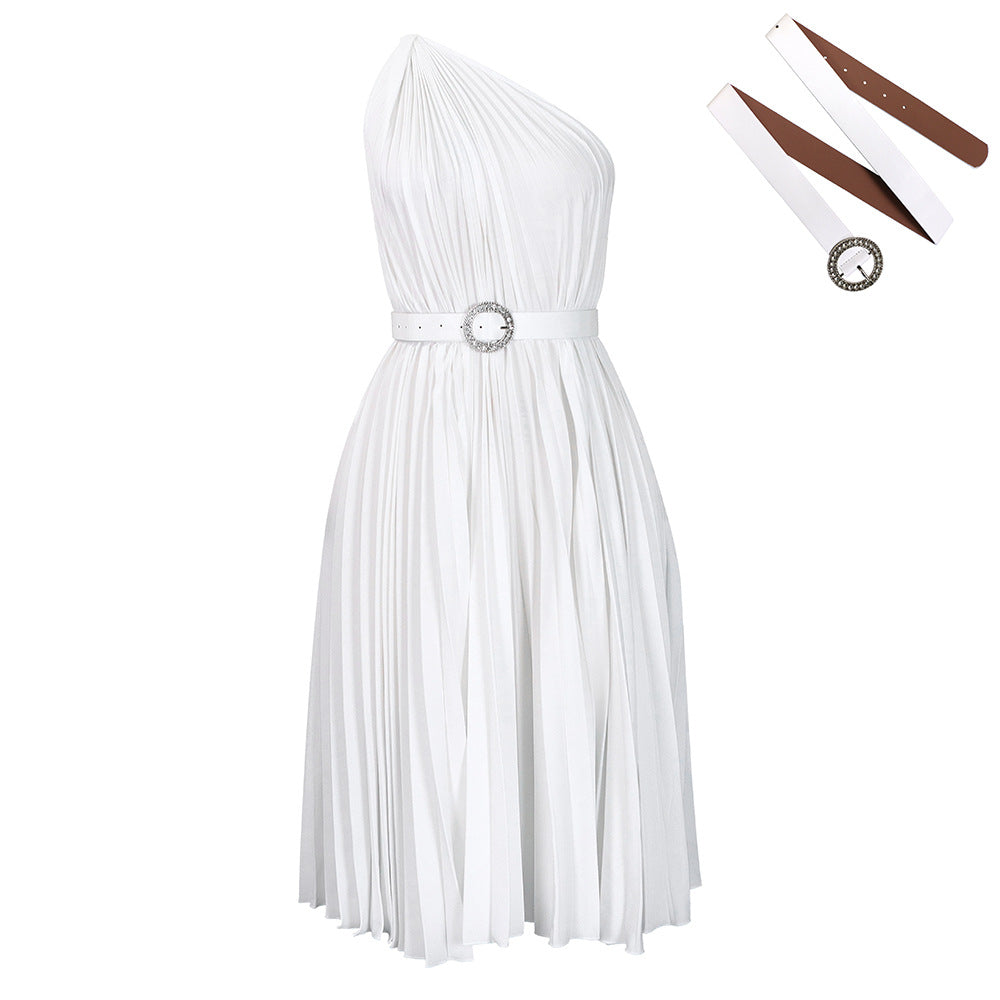 Womens Solid-Colored Pleated Maxi-Skirt Casual Dress